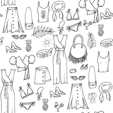 Fashion set of woman's summer clothes and accessories. Seamless pattern. Hand drawing doodles. Vacation outfitsのイラスト素材
