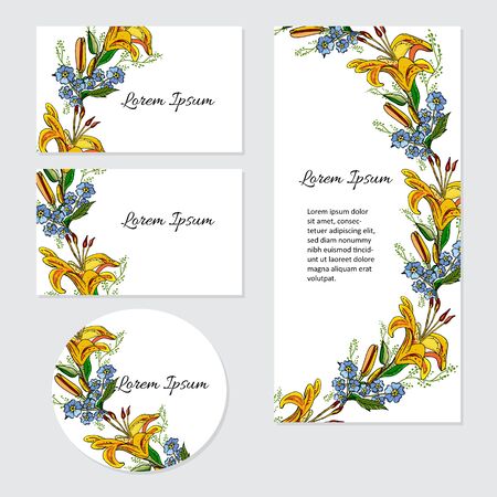 Set of cards with lily flowers. Wedding ornament concept. Botanical floral cards. Can be used as greeting card or wedding invitation.のイラスト素材