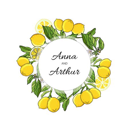 Fruit Card with lemon tree wreath. Hand drawn doodle wedding invitation with lemons.のイラスト素材