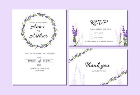 Set of Lavender Wedding invitations set. Doodle illustrations.のイラスト素材