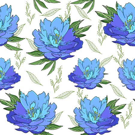 Seamless pattern with pink peony flowers and leaves. Doodle hand drawn flowers on white background.のイラスト素材