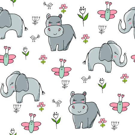 Seamless pattern with cute elephants and butterflies. Cute background for kids. Baby print.のイラスト素材