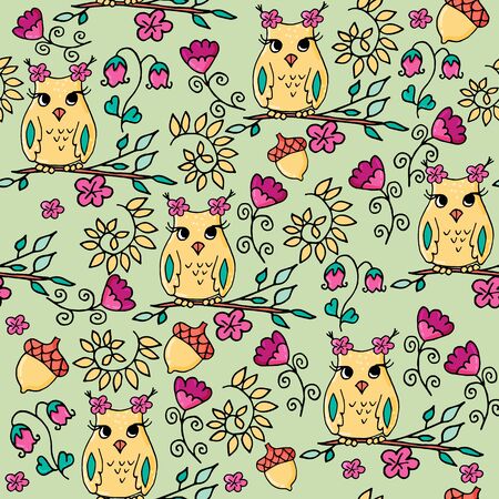 Seamless hand drawn autumn pattern with owls and flowers. Part of autumn owls set.のイラスト素材
