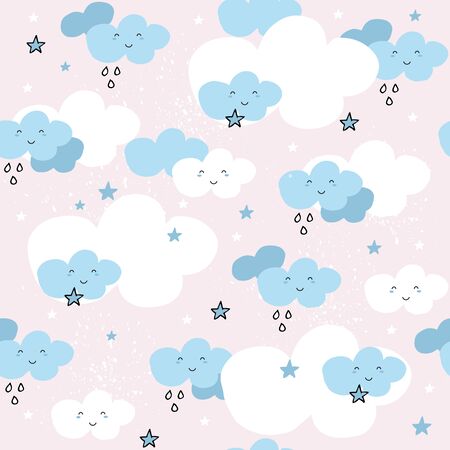 Cute seamless pattern with cartoon clouds and stars on pink background. Pastel nursery background.のイラスト素材