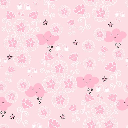 Cute seamless pattern with flowers and owls on baby pink background. Nursery decor idea.のイラスト素材