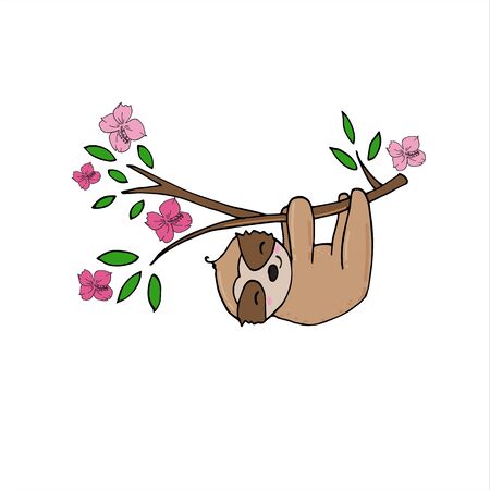 Hand drawn vector illustration of a cute funny sloth hanging from the branch. Concept for kids print.のイラスト素材