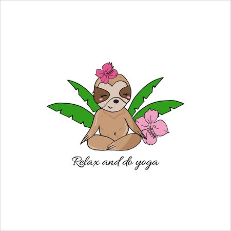 Vector cute sloth in yoga pose in the rainforest. Funny sloth meditating among tropical leaves and flowers. Adorable yoga animal illustration.のイラスト素材