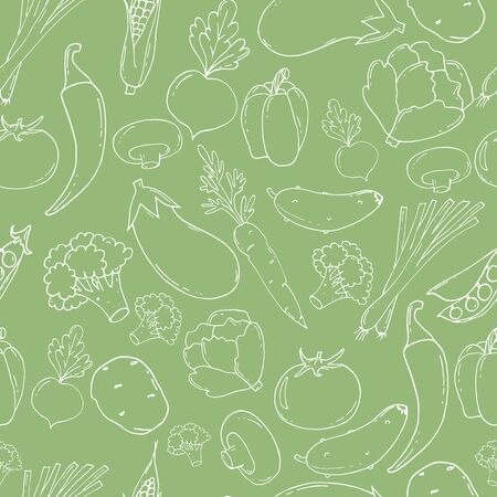 Hand drawn pattern with vegetables. Big vegetable collection. Fresh, natural and vegetarian food.のイラスト素材