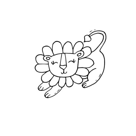 Cute black and white coloring page with lion on isolated white background. Part of a setのイラスト素材