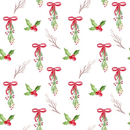 Watercolor seamless holiday pattern with different leaves, holly and berries. Christmas repeated vintage background.の写真素材