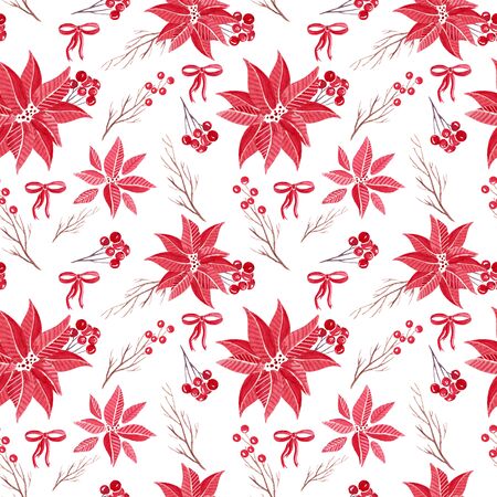 Watercolor seamless holiday pattern with different leaves, holly and berries. Christmas repeated vintage background.の写真素材