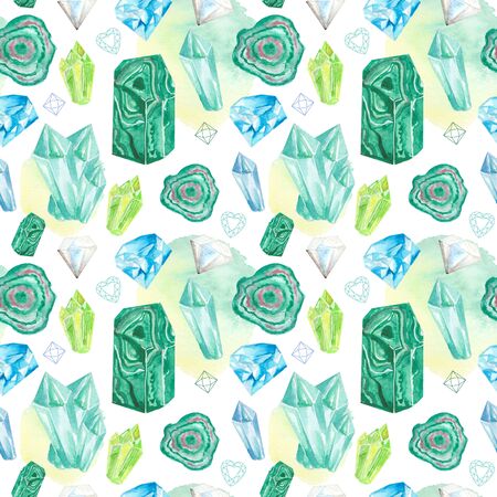 Seamless pattern with bright hand painted watercolor crystals and gems.の写真素材