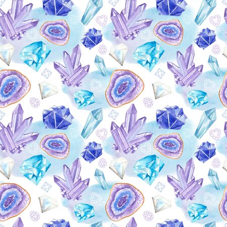 Seamless pattern with bright hand painted watercolor crystals and gems.の写真素材