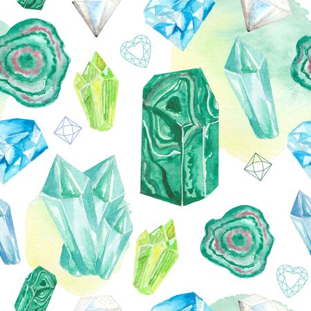 Seamless pattern with bright hand painted watercolor crystals and gems.の写真素材