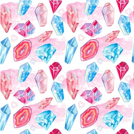 Seamless pattern with bright hand painted watercolor crystals and gems.の写真素材