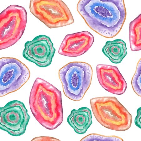 Seamless pattern with bright hand painted watercolor crystals and gems.の写真素材