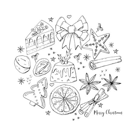 Christmas treats in circle isolated on white background. Vector illustration for restaurant menu, flyer, recipe book and more.のイラスト素材