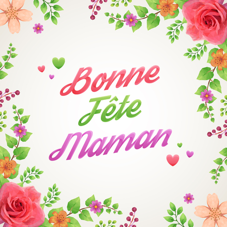 Happy Mother's day card, with flowers and hearts, in French.のイラスト素材