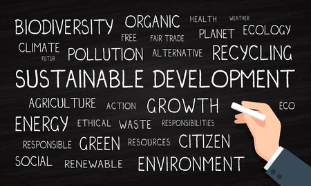 Sustainable development, environment, ecology - cloud word - chalk and blackboardの写真素材