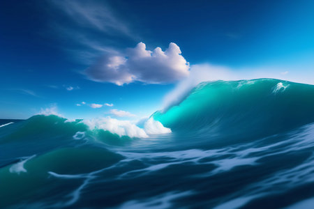 Big blue surfing wave in the ocean. Generative AI.の素材