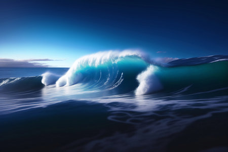 Big blue surfing wave in the ocean. Generative AI.の素材