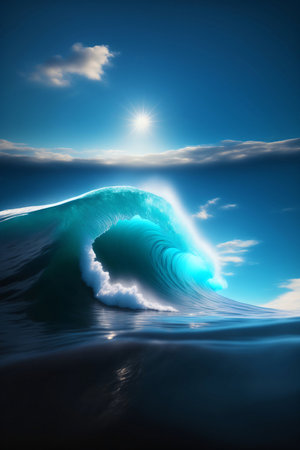 Big blue surfing wave in the ocean. Generative AI.の素材
