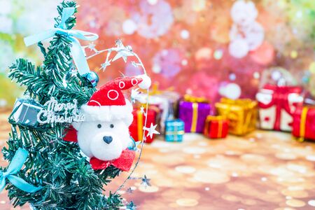 Christmas Holiday Season background with decorations. Merry Christmas New Year collection, gifts and decorative ornaments. Empty copy space for text.の写真素材