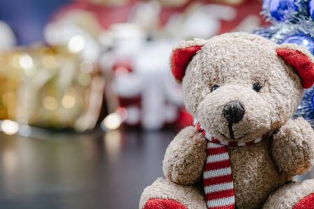 Christmas Holiday Season background with decorations. Merry Christmas New Year collection, gifts and decorative ornaments. Empty copy space for text.の写真素材