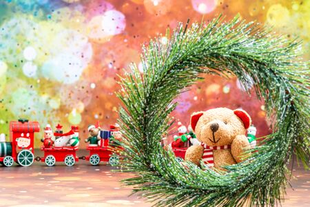 Christmas Holiday Season background with decorations. Merry Christmas New Year collection, gifts and decorative ornaments. Empty copy space for text.の写真素材