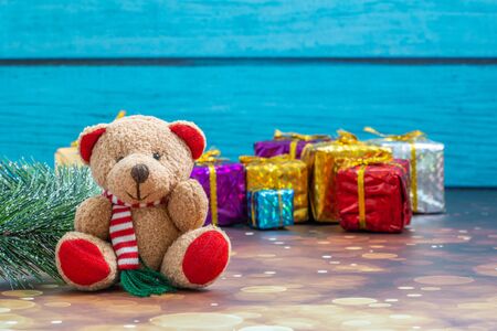 Christmas Holiday Season background with decorations. Merry Christmas New Year collection, gifts and decorative ornaments. Empty copy space for text.の写真素材