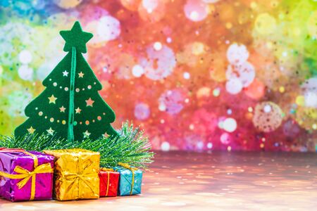Christmas Holiday Season background with decorations. Merry Christmas New Year collection, gifts and decorative ornaments. Empty copy space for text.の写真素材