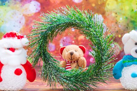 Christmas Holiday Season background with decorations. Merry Christmas New Year collection, gifts and decorative ornaments. Empty copy space for text.の写真素材