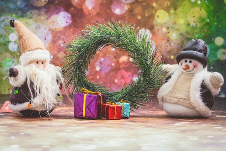 Christmas Holiday Season background with decorations. Merry Christmas New Year collection, gifts and decorative ornaments. Empty copy space for text.の写真素材