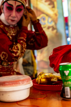 Chinese Teochew Opera. Performers at backstage getting ready to perform during Chinese Ghost Festival. Asian traditional cultural arts.のeditorial素材