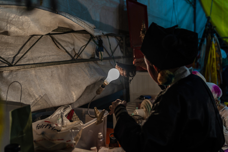 Chinese Teochew Opera. Performers at backstage getting ready to perform during Chinese Ghost Festival. Asian traditional cultural arts.のeditorial素材