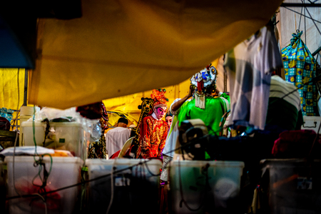 Chinese Teochew Opera. Performers at backstage getting ready to perform during Chinese Ghost Festival. Asian traditional cultural arts.のeditorial素材
