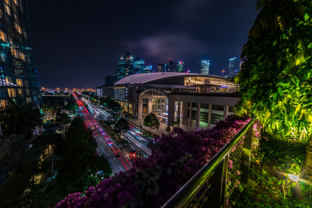 South East Asia, Singapore Cityscape landmark night long exposure view of Marina Bay Sands Casino Hotel building surrounding environmentのeditorial素材