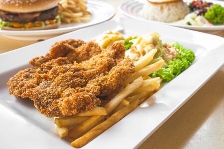 Fried breadcrumbs chicken cutlet with Mac & cheese, coleslaw on top of green lettuceの写真素材