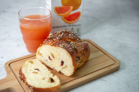 Breakfast brunch on table. Bread, grapefruit food drink concept.