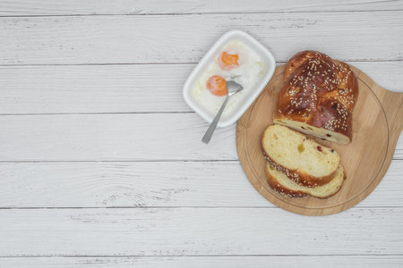 Flat lay, breakfast brunch on table.