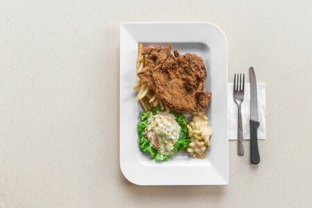 Fried breadcrumbs chicken cutlet with Mac & cheese, coleslaw on top of green lettuce. Flat Lay concept.の写真素材