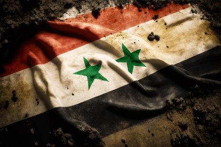 Flag of Syria in the colors red, white, green and black, with two green stars. Concept related to the earthquake in Syria and Turkey. Solidarity is an act of kindness and understanding towards others.の写真素材