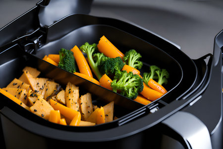Close-up of assorted vegetables cooked in the air fryer, symbolizing an intelligent choice for a healthy and economical diet.の素材
