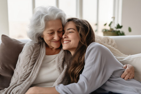 The adult daughter tenderly embraces her elderly mother. Caring for people of retirement ageの素材