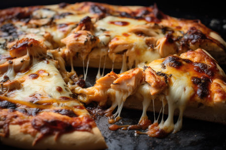 Burnt pizza dough with chicken, cheese and tomatoes in smoke on black background. Burnt pizza dough on black backgroundの素材