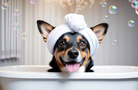 Happy dog in white bath with terry towel on his head with flying soap bubbles. Spa, dog hair salon, grooming. A dog taking a shower.の素材
