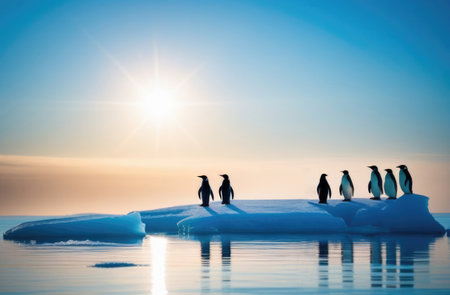 Penguins on an ice floe in the middle of the ocean against a backdrop of scattered sunlight. A melting iceberg and global warming. Climate change, environmental disaster, melting glaciers.の素材