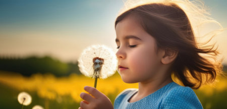 A girl blows on a dandelion in the soft sunset light. Spring banner with child and flowers. Concept of allergies to dandelions, pollenの素材