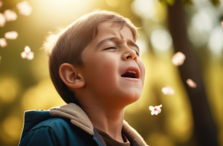 A boy sneezing among flowering bushes in a park in sunlight. Children's allergies to blossoms and pollen. Spring exacerbation of allergies to flowersの素材