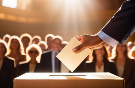 A man's hand drops his vote into a ballot box in front of a hall of people. Voting, fair elections, freedom of choice, democracyの素材